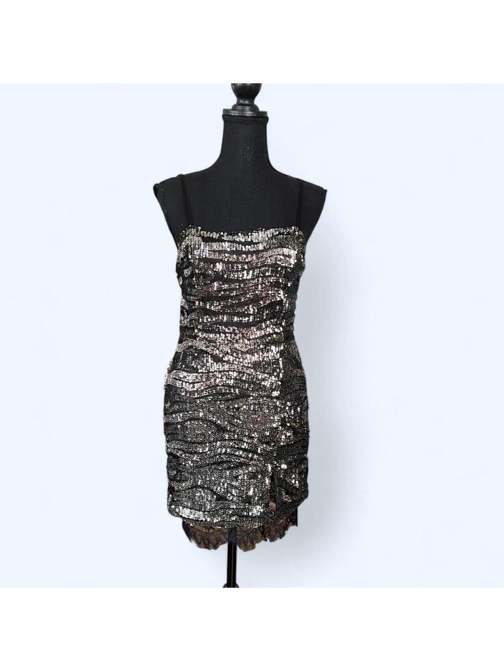 Black silver sequin strapless mini dress ruched party club Size Small 🖤